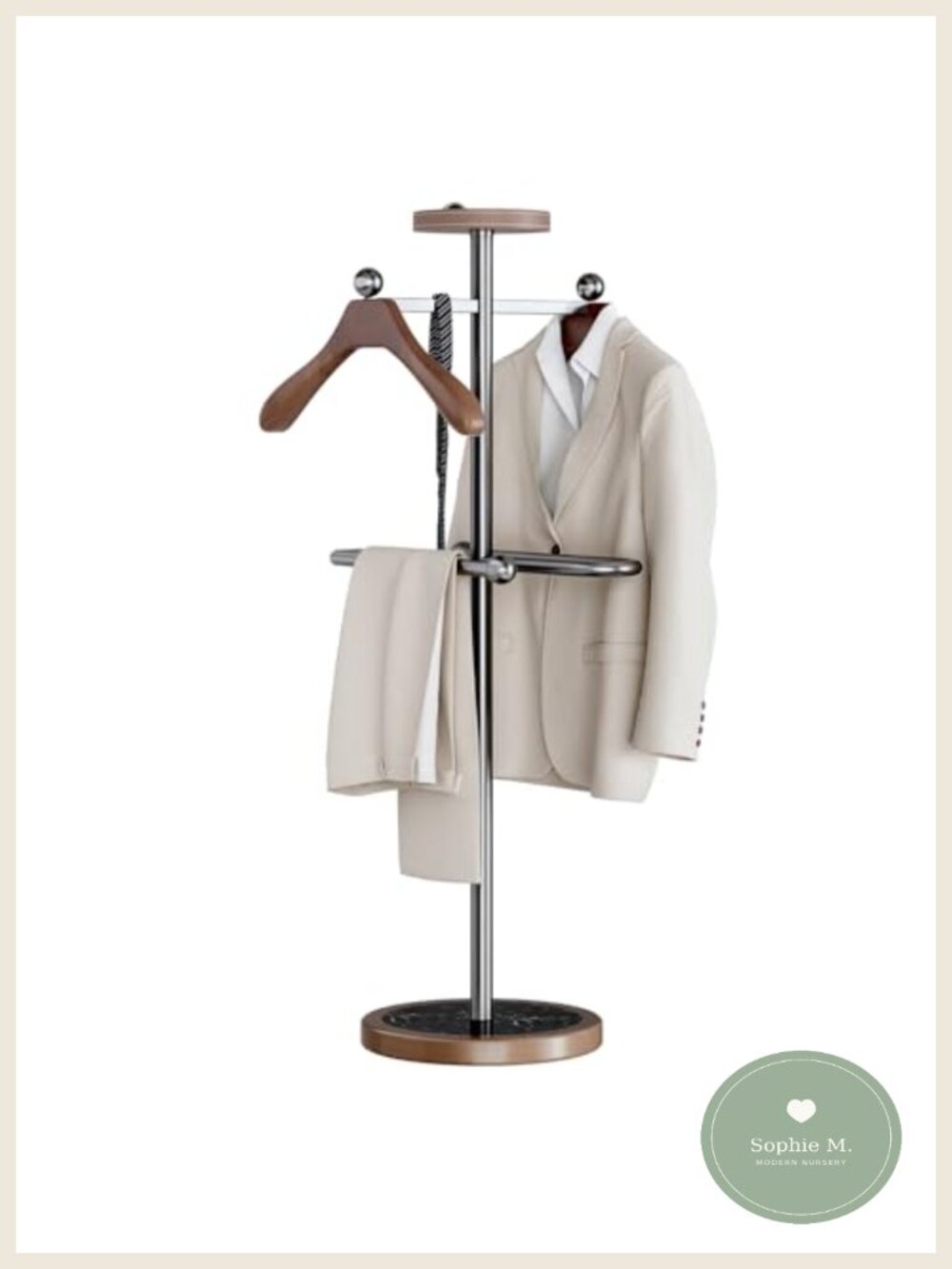 Men's Valet Stand 54" Stainless Steel with Marble Base & Wood Hangers